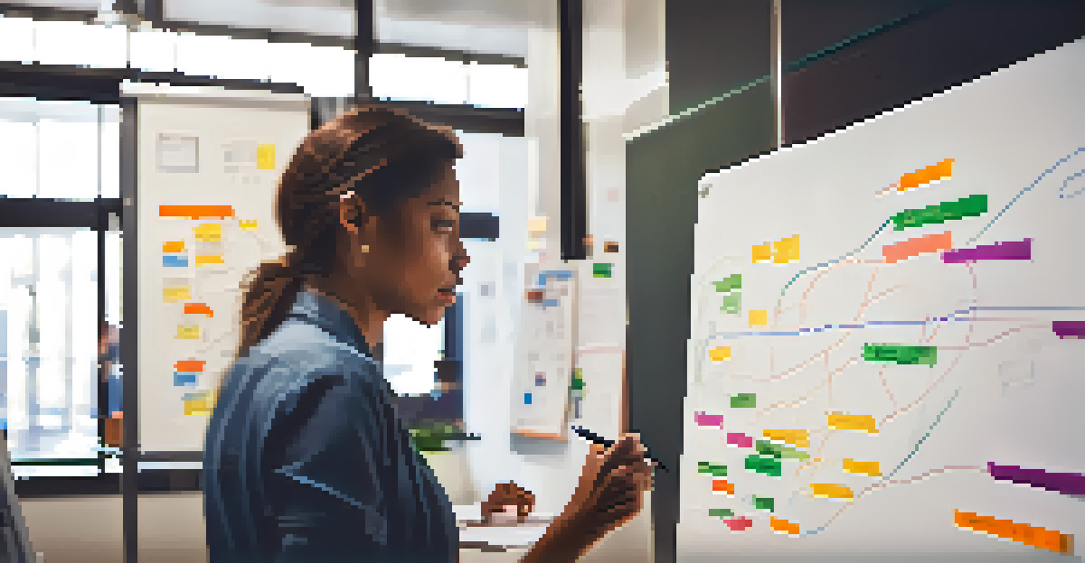 A team member writing feedback on a whiteboard during a retrospective meeting in a collaborative workspace.