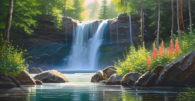 A peaceful waterfall flowing down rocks, surrounded by green trees and colorful flowers, illuminated by sunlight.