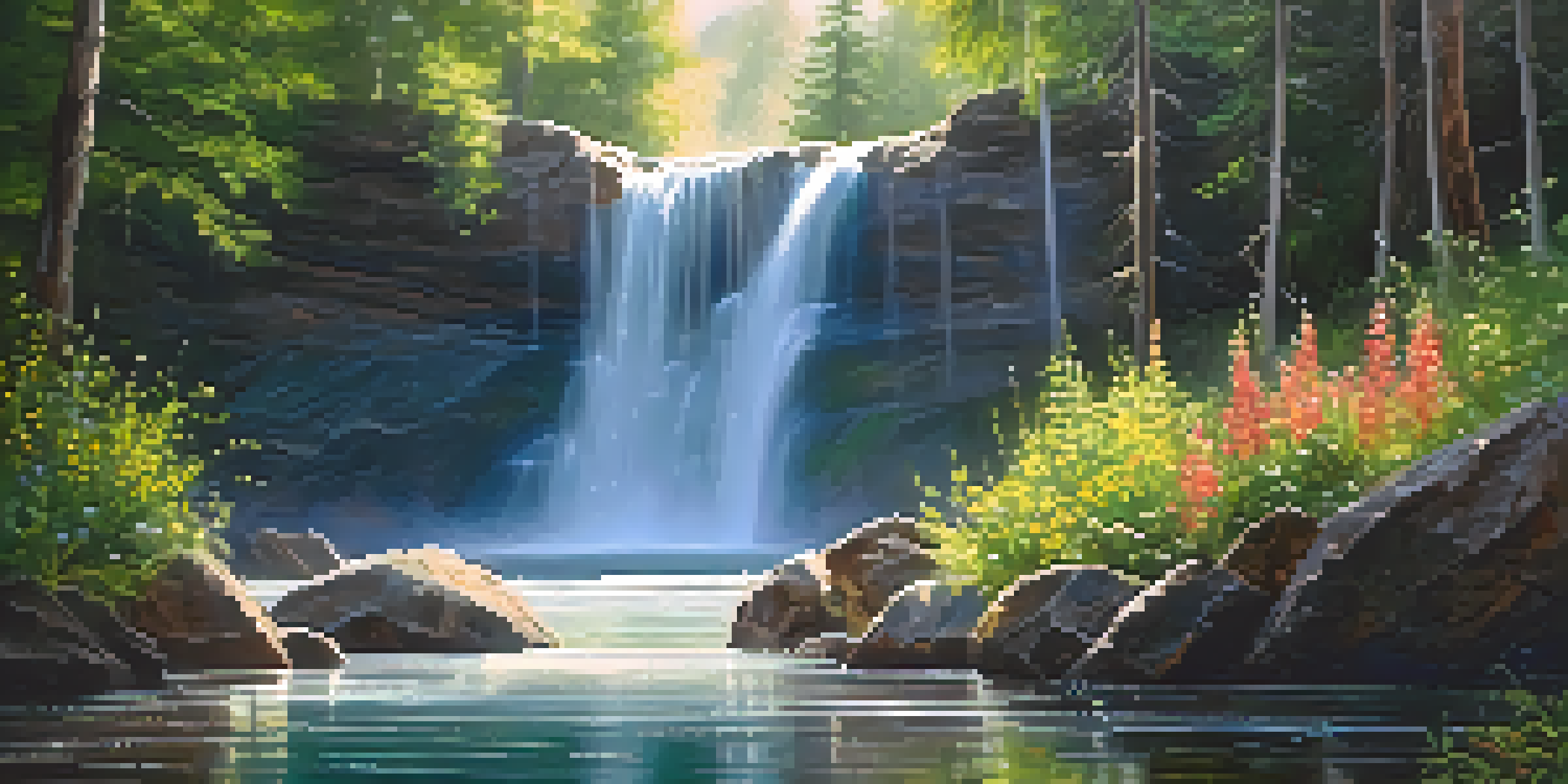 A peaceful waterfall flowing down rocks, surrounded by green trees and colorful flowers, illuminated by sunlight.