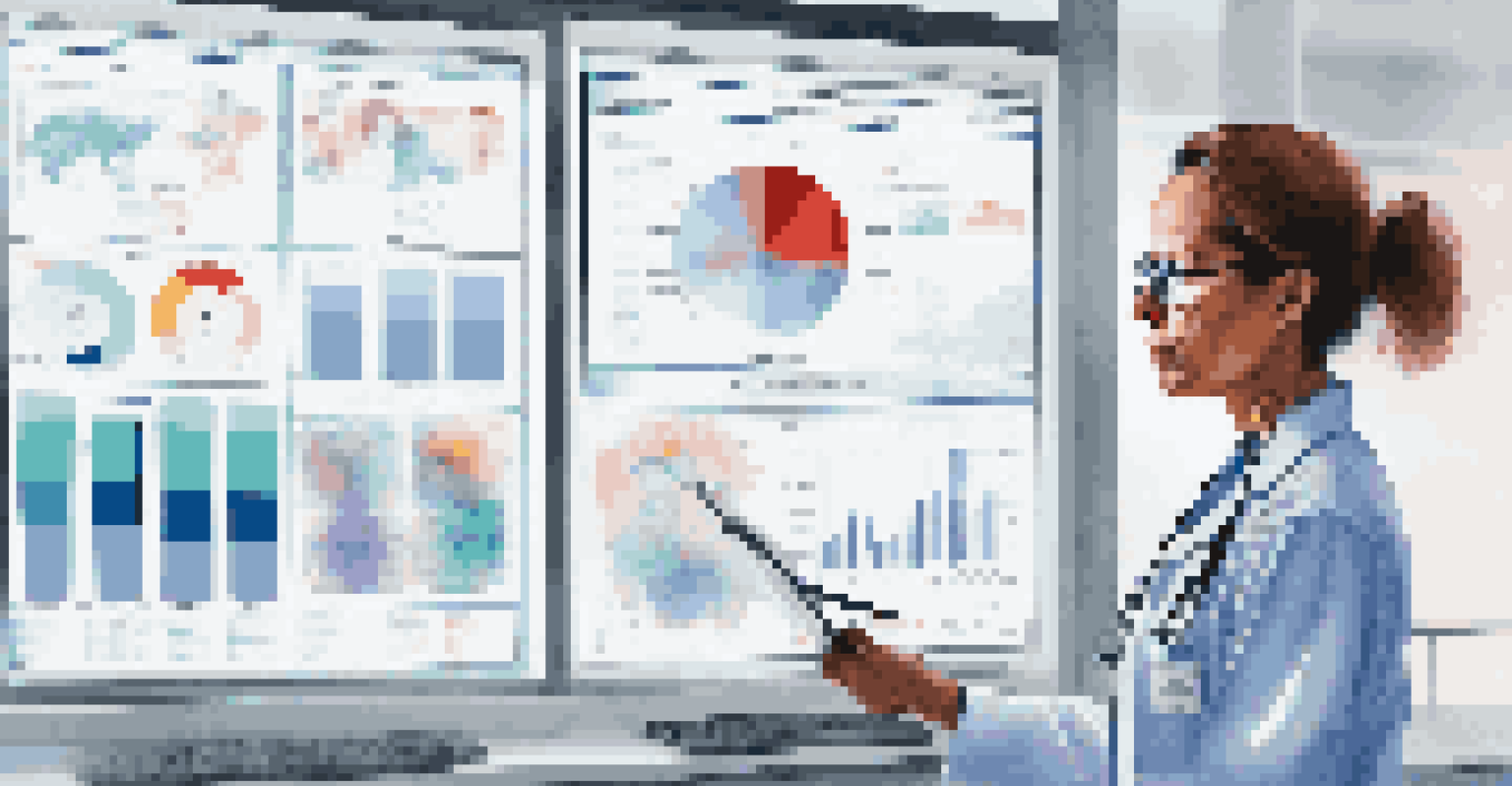 A healthcare professional examining a digital dashboard with various visual data representations.