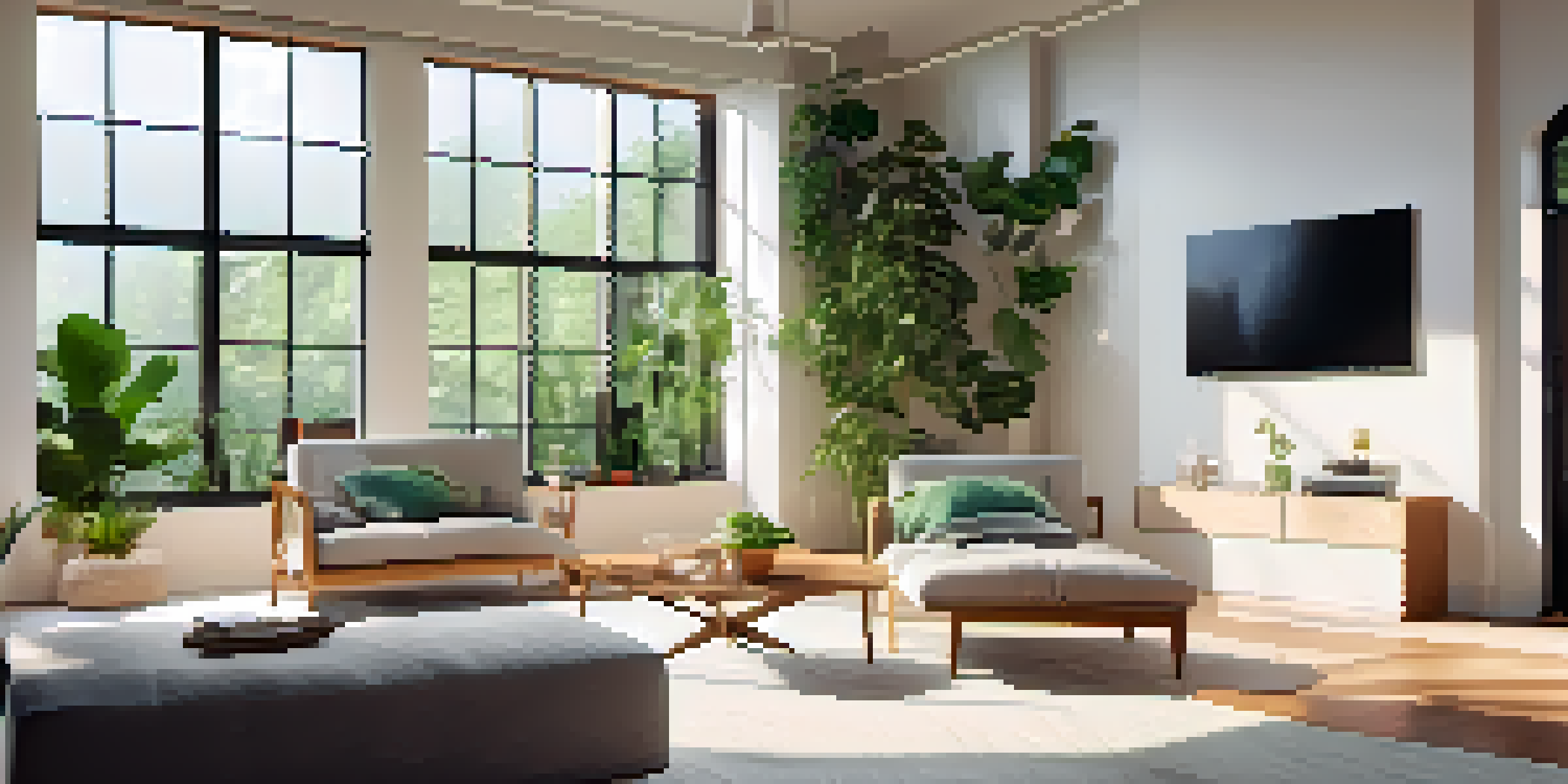 A spacious living room with a smart thermostat, natural light, and plants, showcasing energy efficiency.