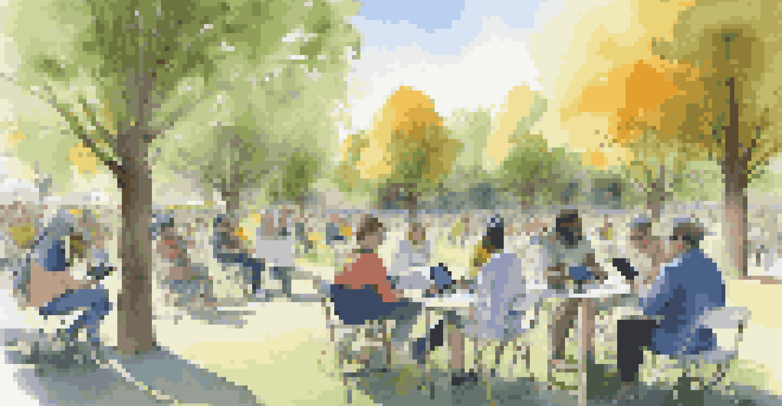 A diverse group of community members in a park, using tablets and smartphones to engage with augmented reality safety applications.