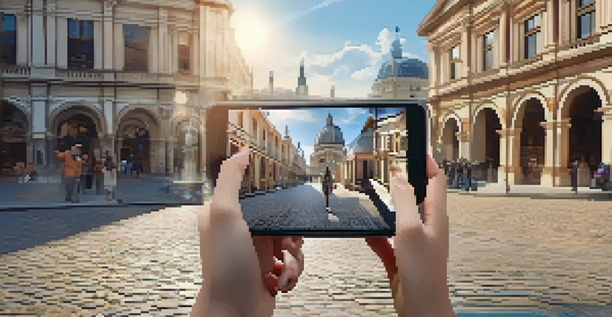 A traveler interacts with an augmented reality app in a historic city, surrounded by cobblestone streets and vintage buildings.