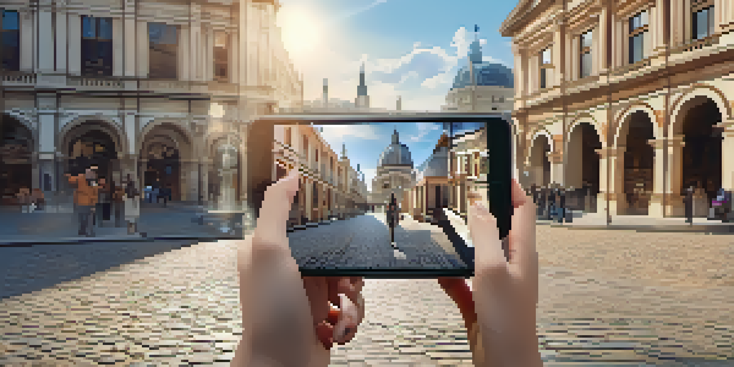 A traveler interacts with an augmented reality app in a historic city, surrounded by cobblestone streets and vintage buildings.