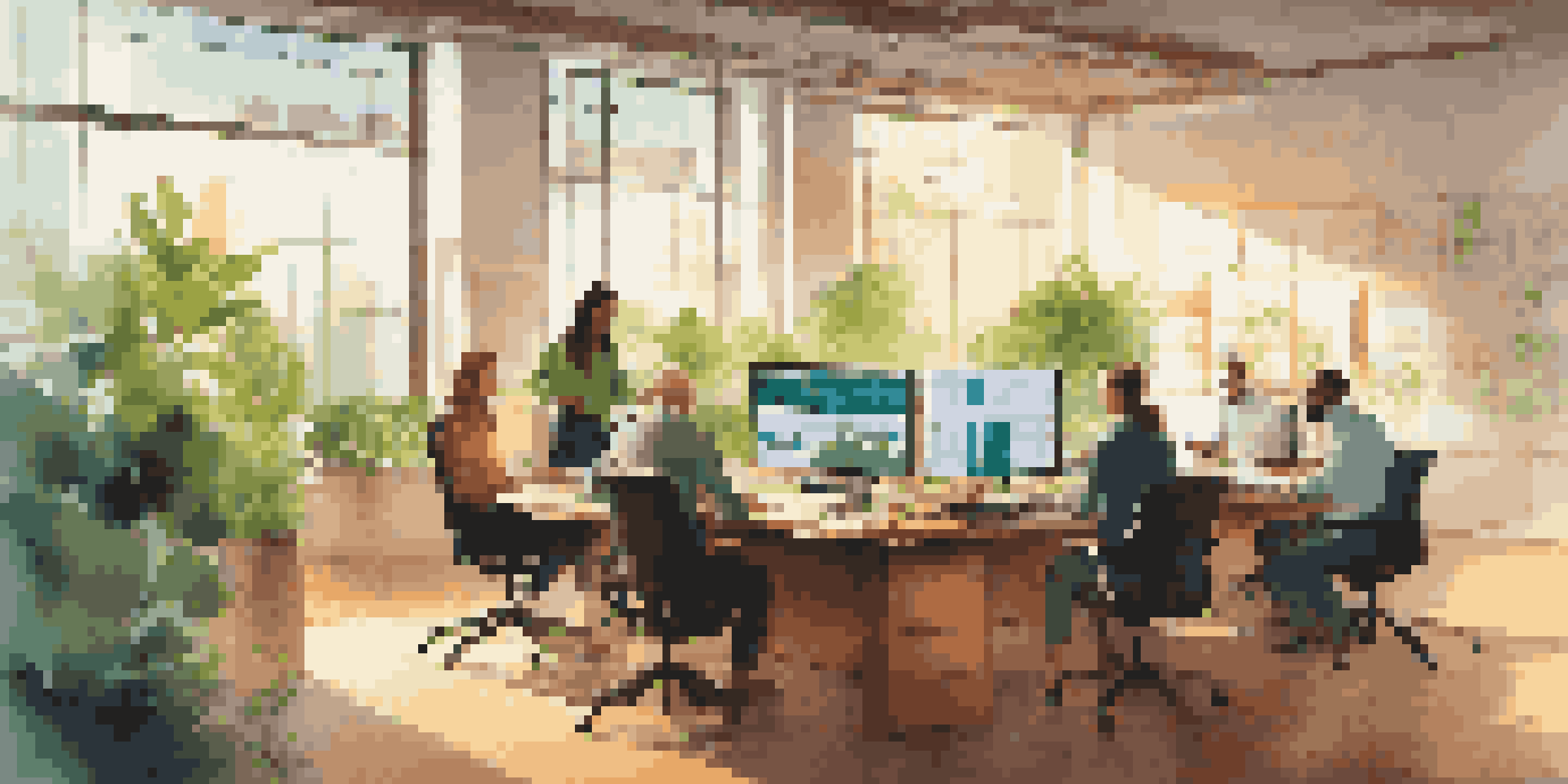 A diverse group of professionals collaborating in a bright office, with AI analytics displayed on a screen.