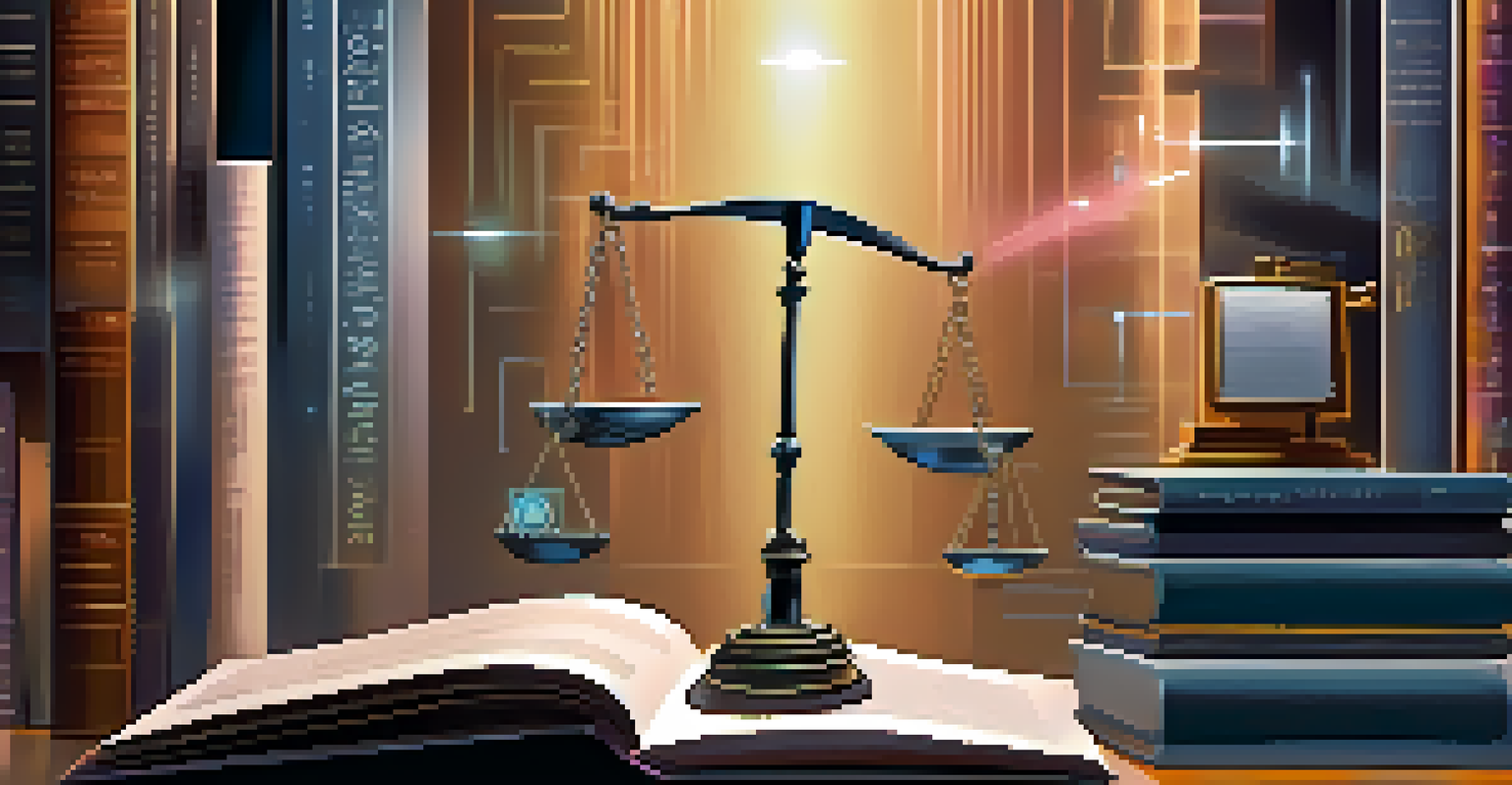An abstract representation of data privacy laws with a digital scale balancing law books and quantum devices.