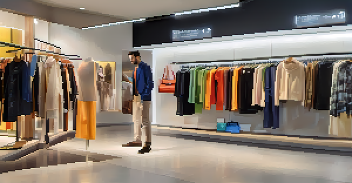 A modern retail store with interactive displays and smart mirrors, suggesting outfits to diverse shoppers in a warm and inviting environment.