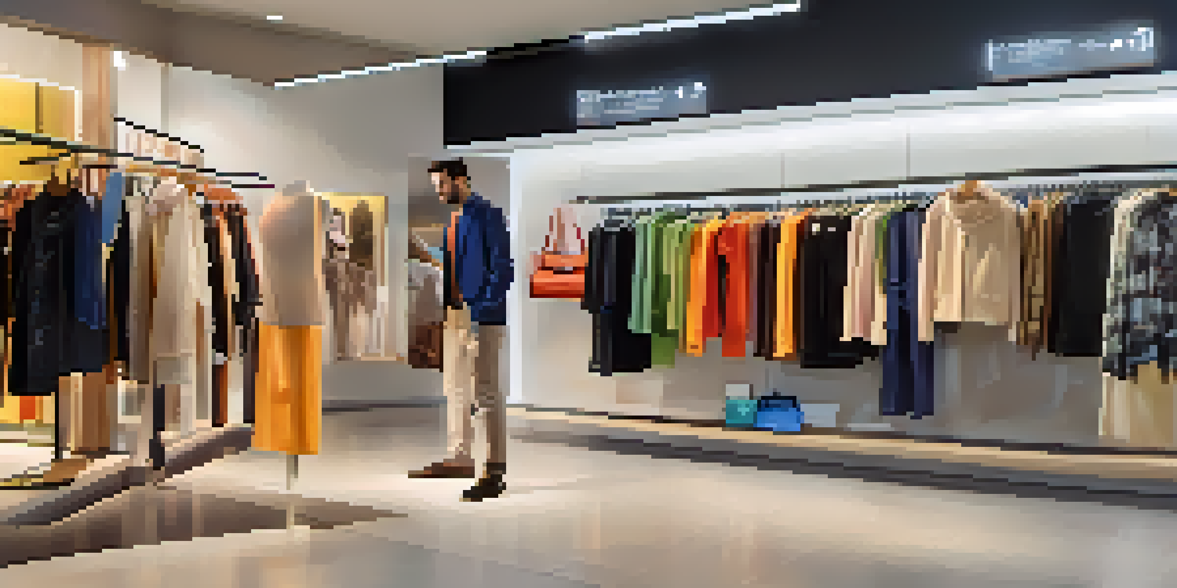 A modern retail store with interactive displays and smart mirrors, suggesting outfits to diverse shoppers in a warm and inviting environment.