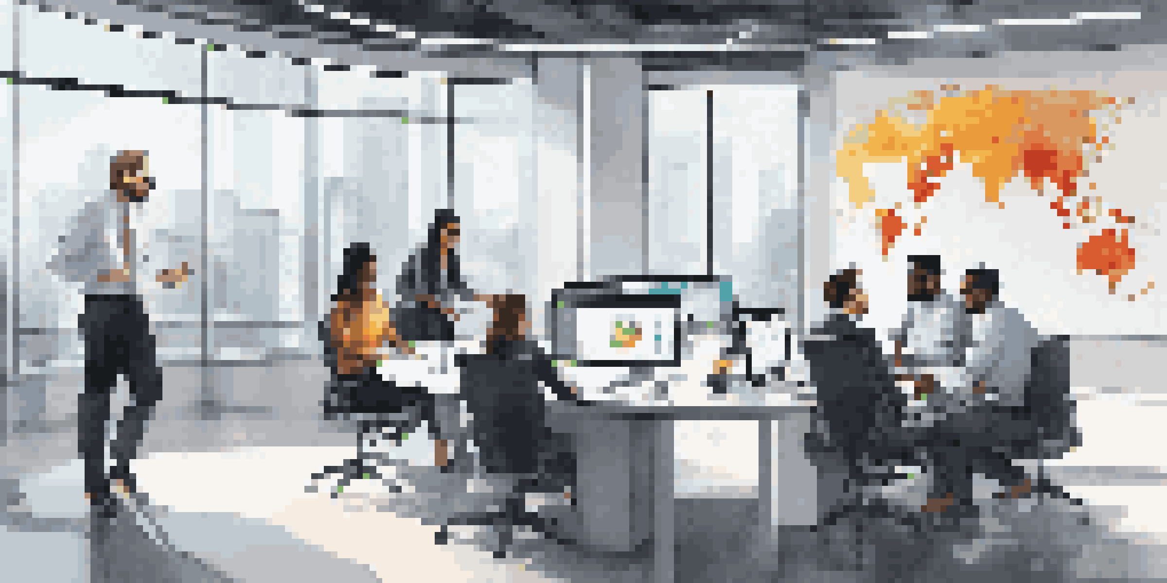 A modern office with a digital twin dashboard and a diverse team collaborating around a table.
