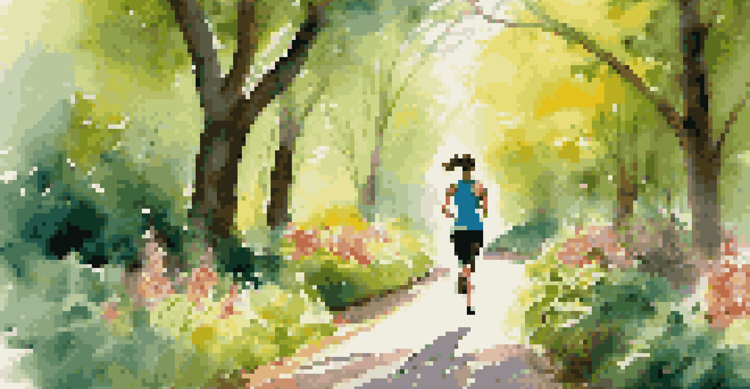 A jogger in a park wearing a fitness tracker, surrounded by green trees and colorful flowers, with sunlight filtering through the leaves.