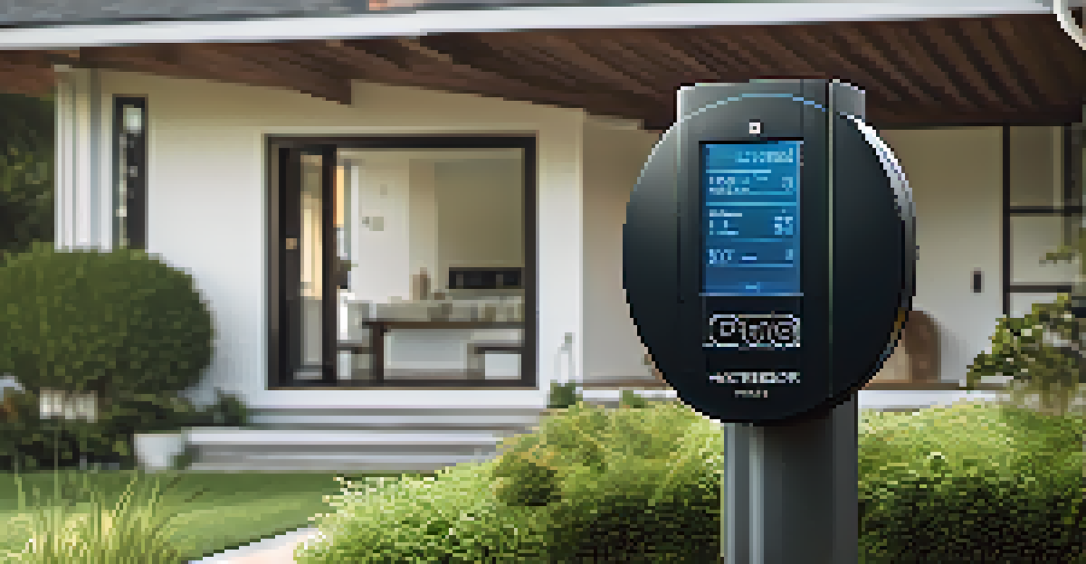 A close-up of a digital smart water meter showing real-time usage data in a residential garden.