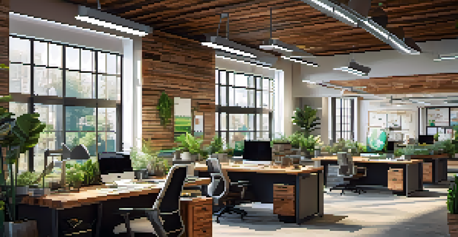 An eco-friendly office space with natural light, plants, and sustainable materials, showcasing a modern design.