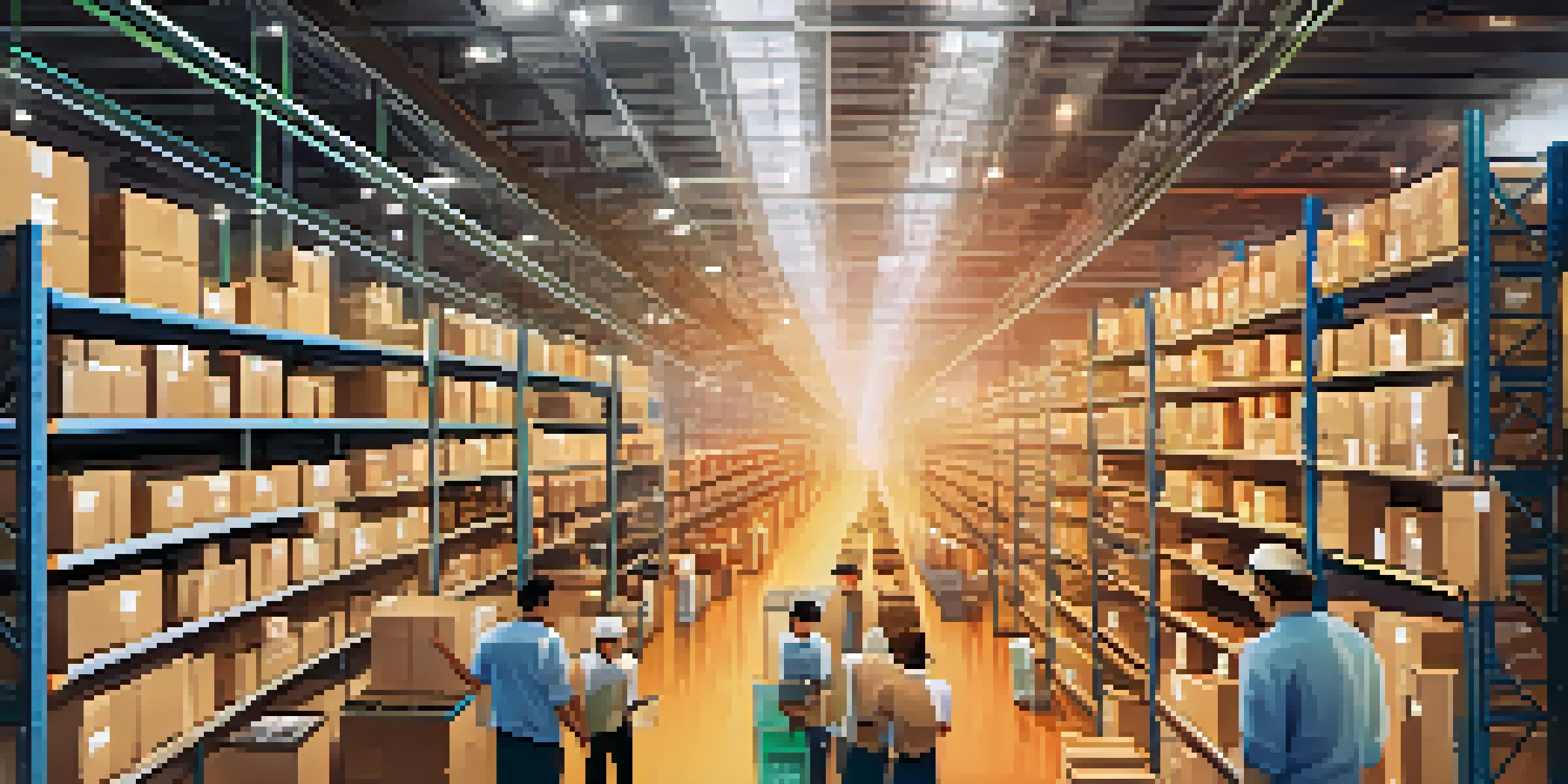 A busy warehouse scene with smart shelves and workers using handheld devices to manage inventory.