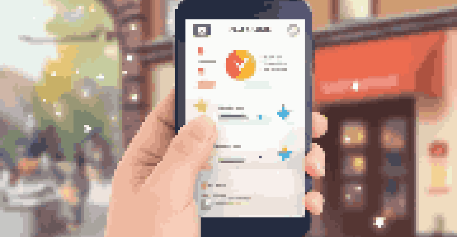 A close-up of a hand holding a smartphone displaying a user feedback survey in a cozy coffee shop.