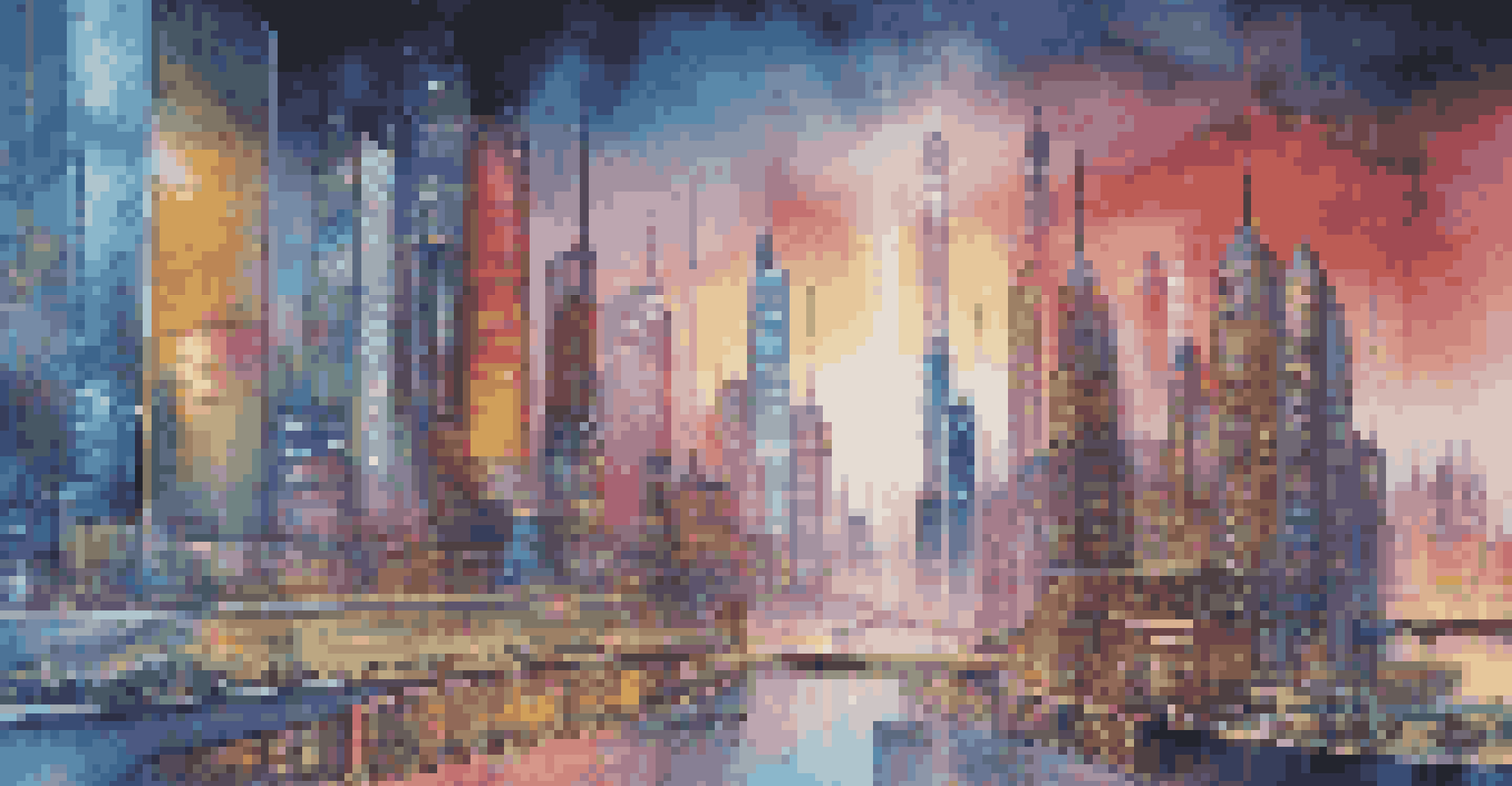 A futuristic city skyline with illuminated buildings symbolizing technology and compliance, featuring digital screens.
