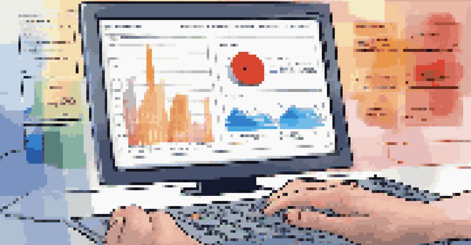 A close-up of a computer screen showing a colorful user interface of a knowledge management system, with a hand on the mouse.