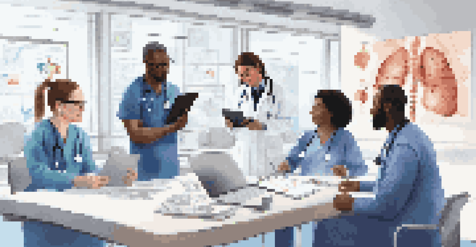 A diverse team of healthcare workers collaborating around a table with digital tablets displaying patient data in a bright, inviting environment.