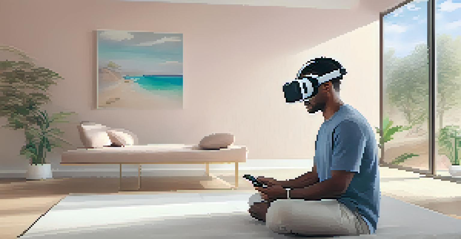A person using a VR headset in a serene therapy environment, showcasing a calming and supportive space for rehabilitation.