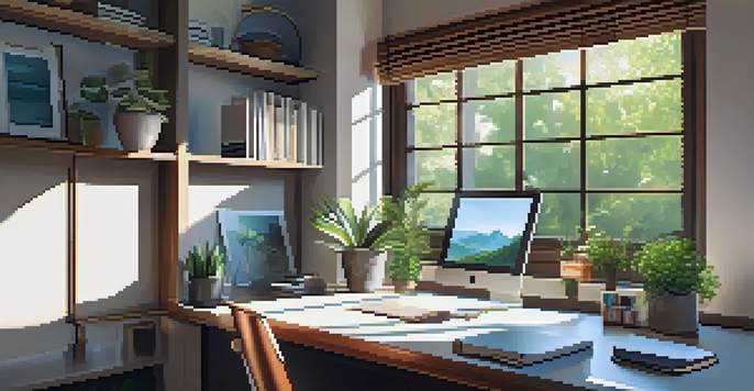 A cozy home office with a laptop, a plant, and a coffee cup by a bright window overlooking greenery.