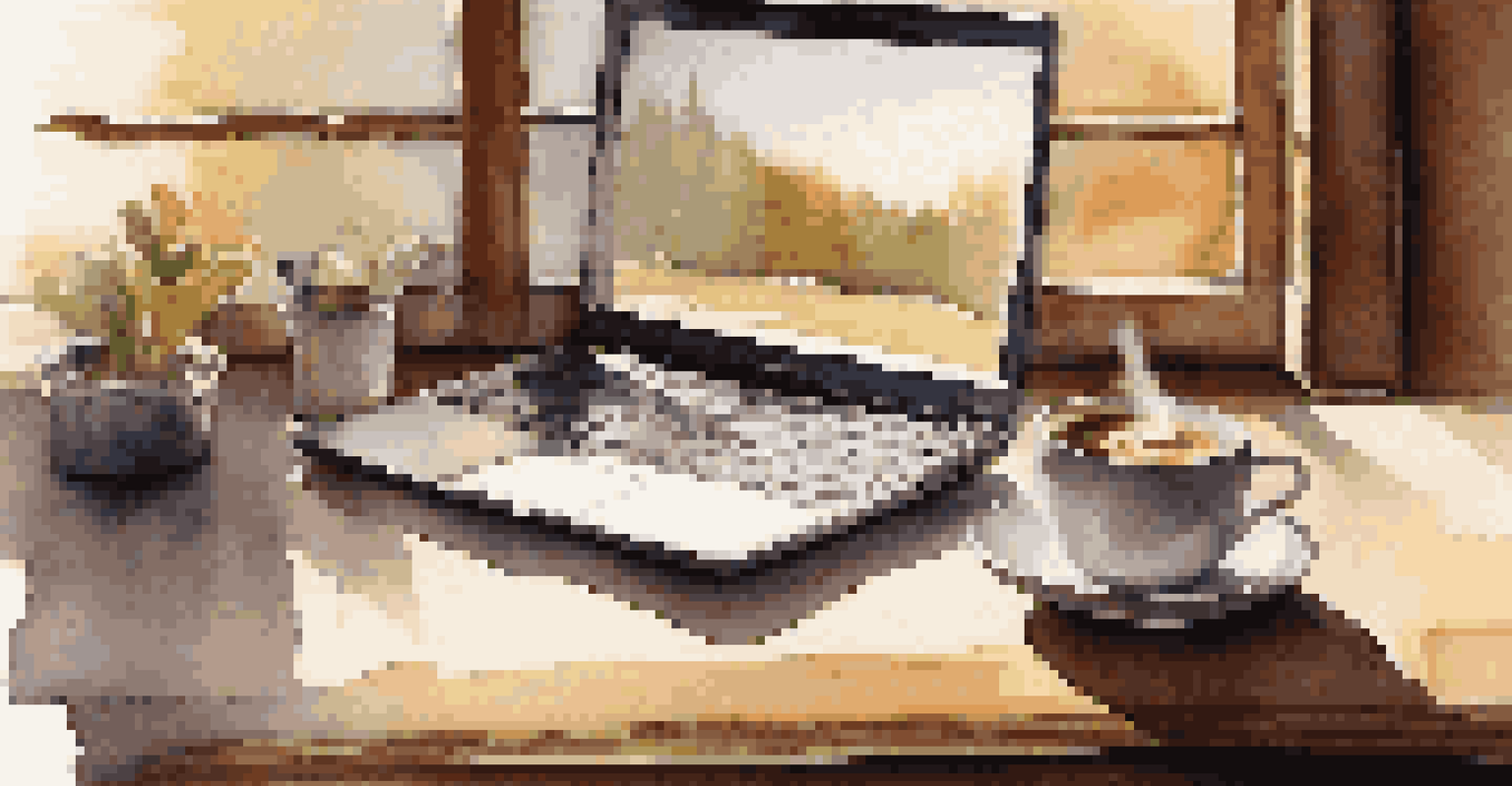 A cozy workspace with a coffee cup, open notebooks, and a laptop on a wooden table, illuminated by soft morning light.