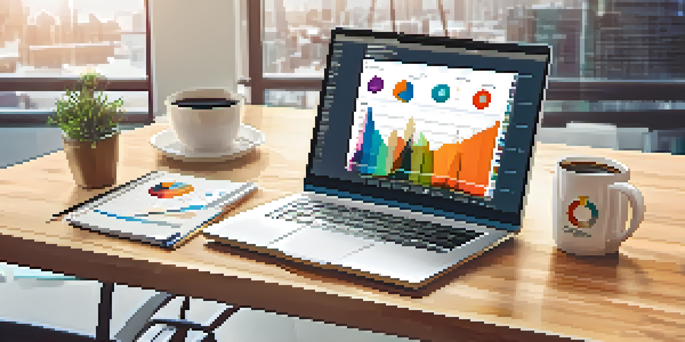 A digital marketing workspace with a laptop showing SEO tools, colorful graphs, a notepad, and a coffee cup, illuminated by natural light.