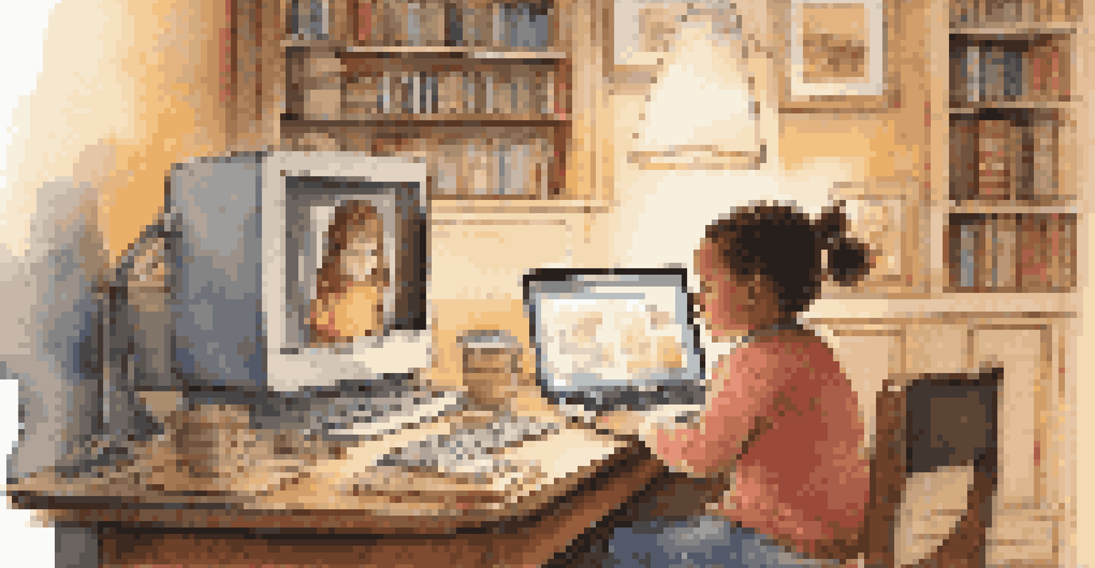 A child and parent discussing privacy settings on a computer in a cozy room.