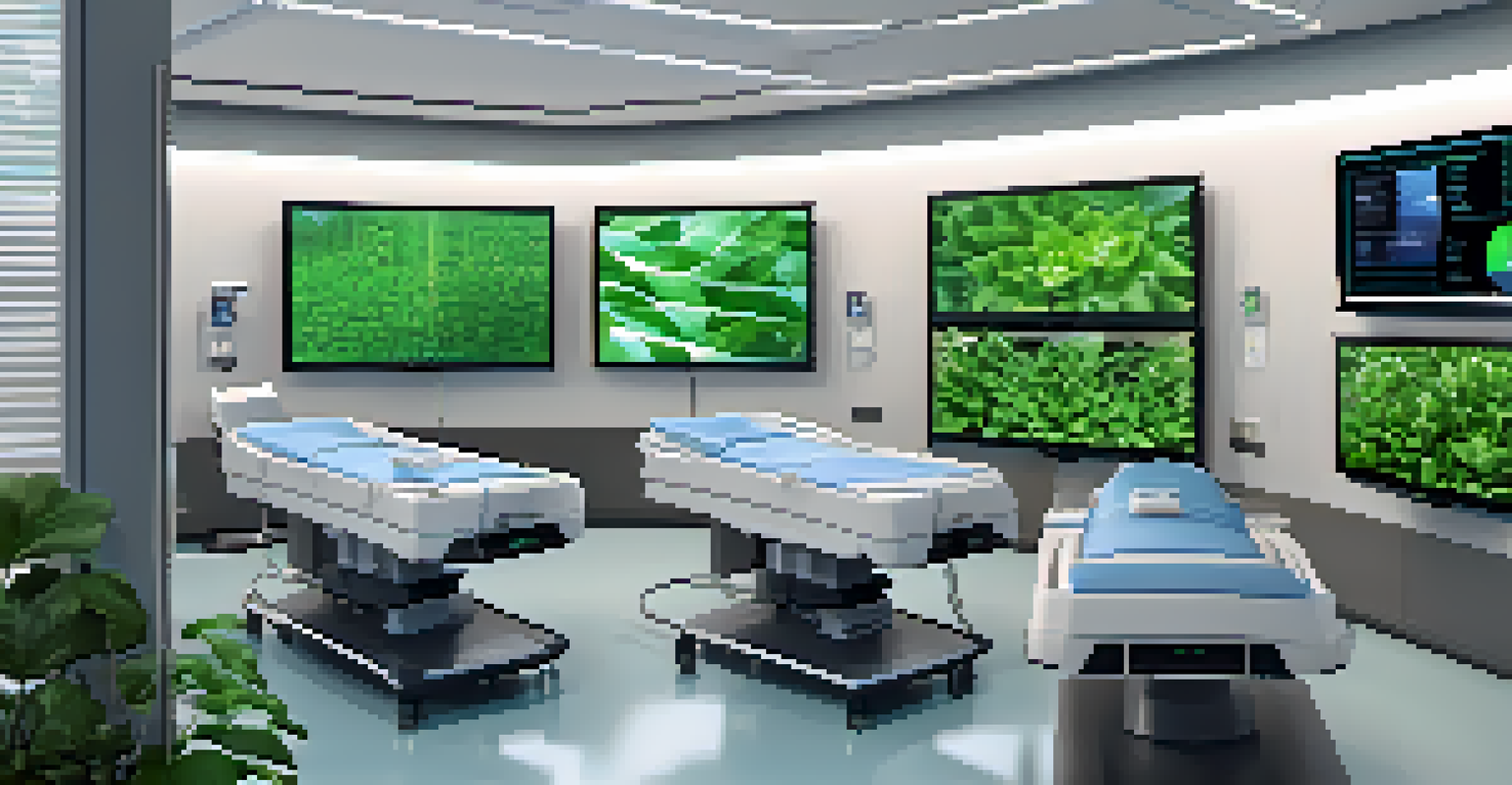 A modern healthcare facility with medical staff using advanced technology to monitor patient vital signs, illuminated by natural light and decorated with plants.
