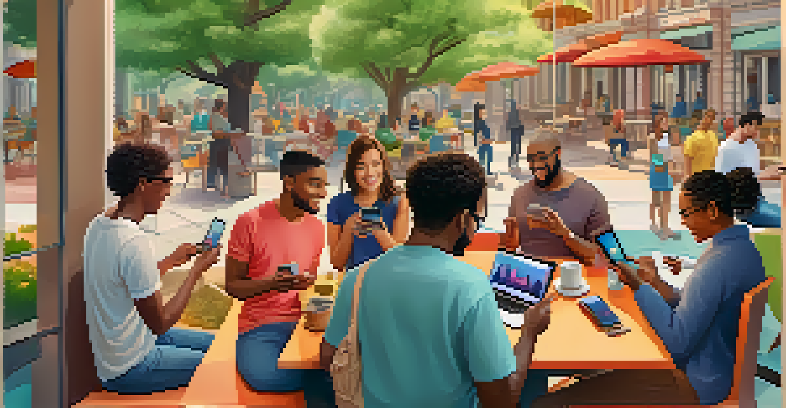 A diverse group of people using mobile apps in different settings, highlighting inclusivity in technology.