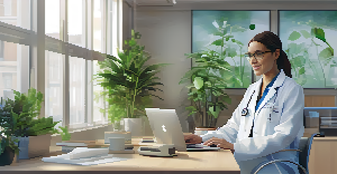 A healthcare professional conducting a telemedicine consultation from a bright office, with a laptop showing a video call.