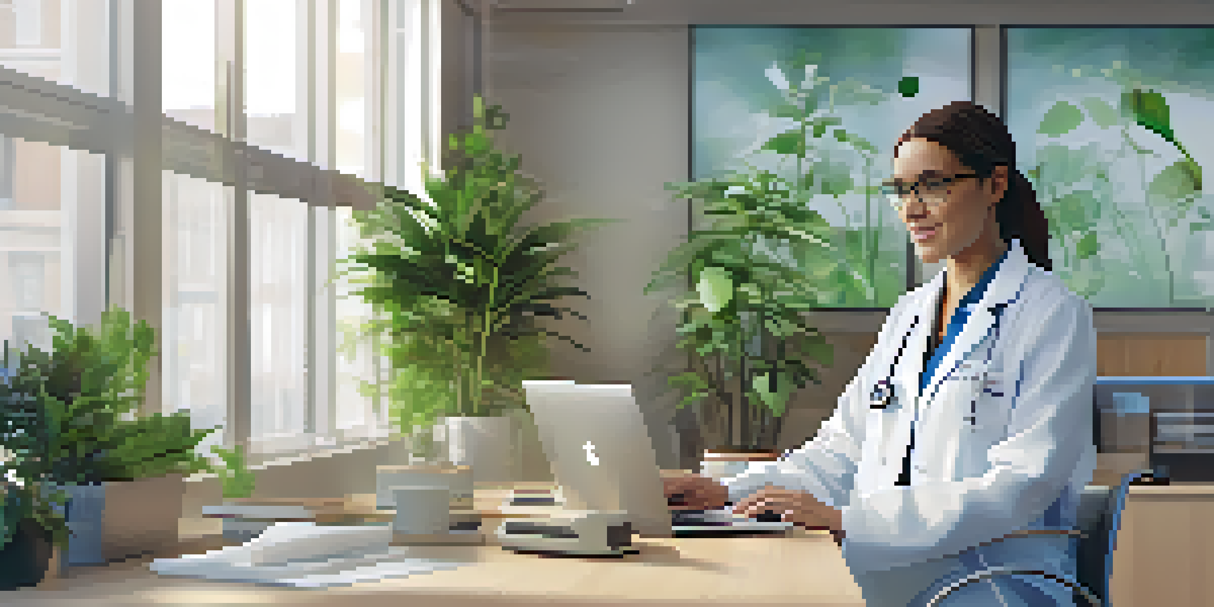 A healthcare professional conducting a telemedicine consultation from a bright office, with a laptop showing a video call.