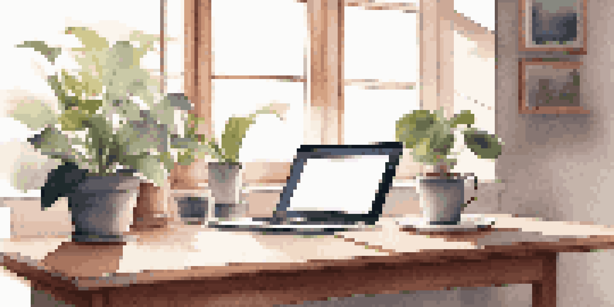 A clean and minimalist workspace with a laptop, a plant, and a coffee cup, illuminated by soft morning light.