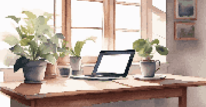 A clean and minimalist workspace with a laptop, a plant, and a coffee cup, illuminated by soft morning light.