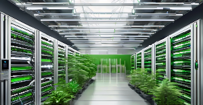A bright and modern green data center with energy-efficient servers and solar panels on the roof, surrounded by indoor plants.