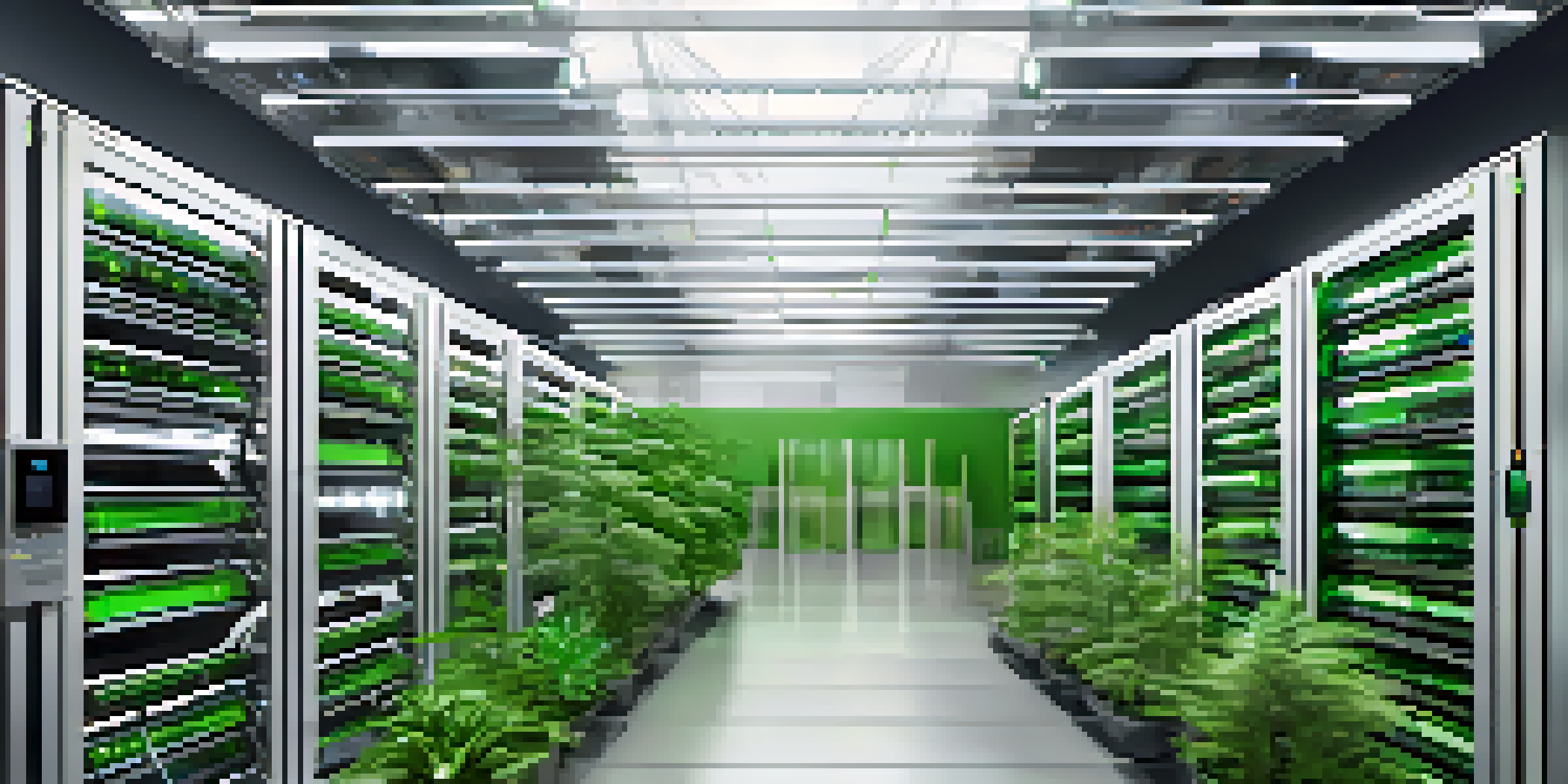 A bright and modern green data center with energy-efficient servers and solar panels on the roof, surrounded by indoor plants.