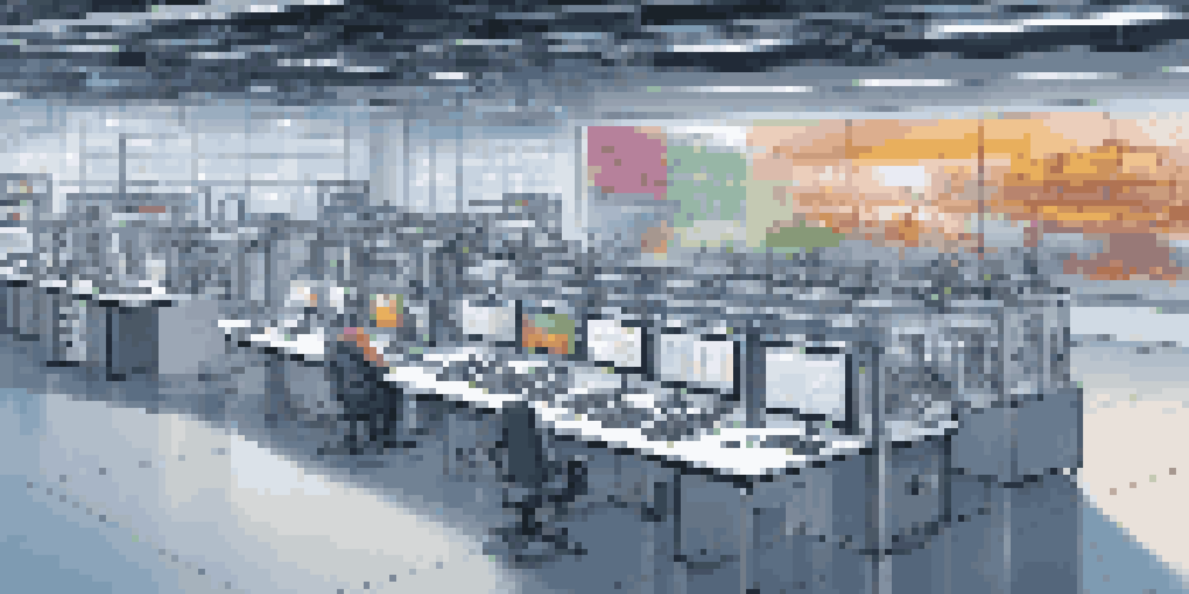 A modern electronics manufacturing facility with engineers working together, displaying a digital twin simulation on a large screen, colorful data visualizations, and advanced machinery.