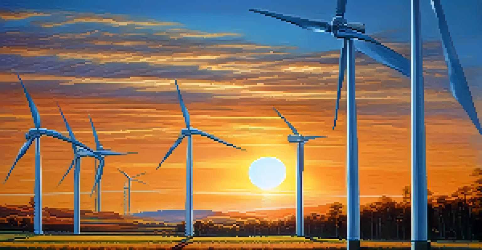 A landscape featuring wind turbines and solar panels at sunset, representing renewable energy and technology.