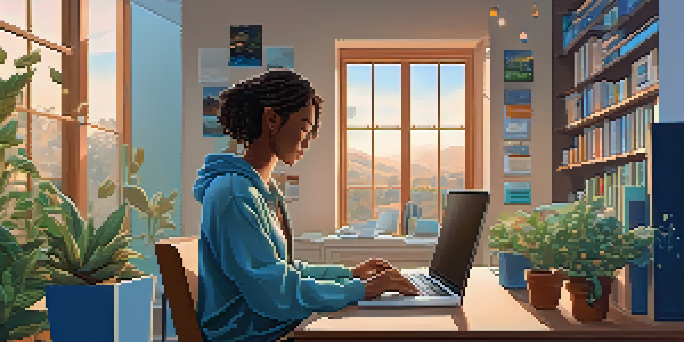 A person working on a laptop in a cozy room, with social media icons and data graphs on the screen, illuminated by warm sunlight.