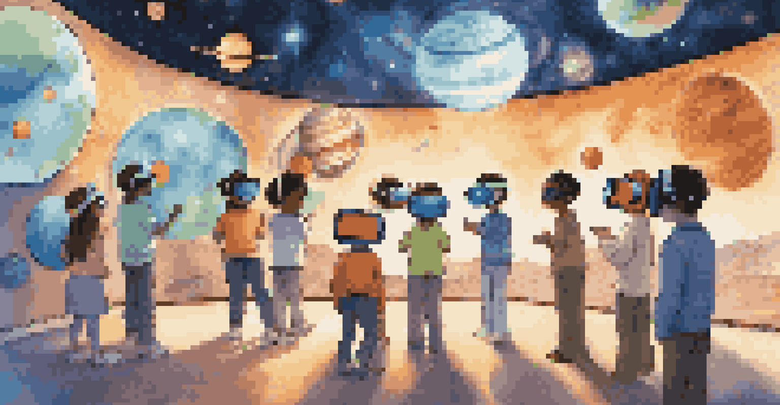 Students exploring the solar system in a virtual reality classroom with 3D planets and a starry sky ceiling.