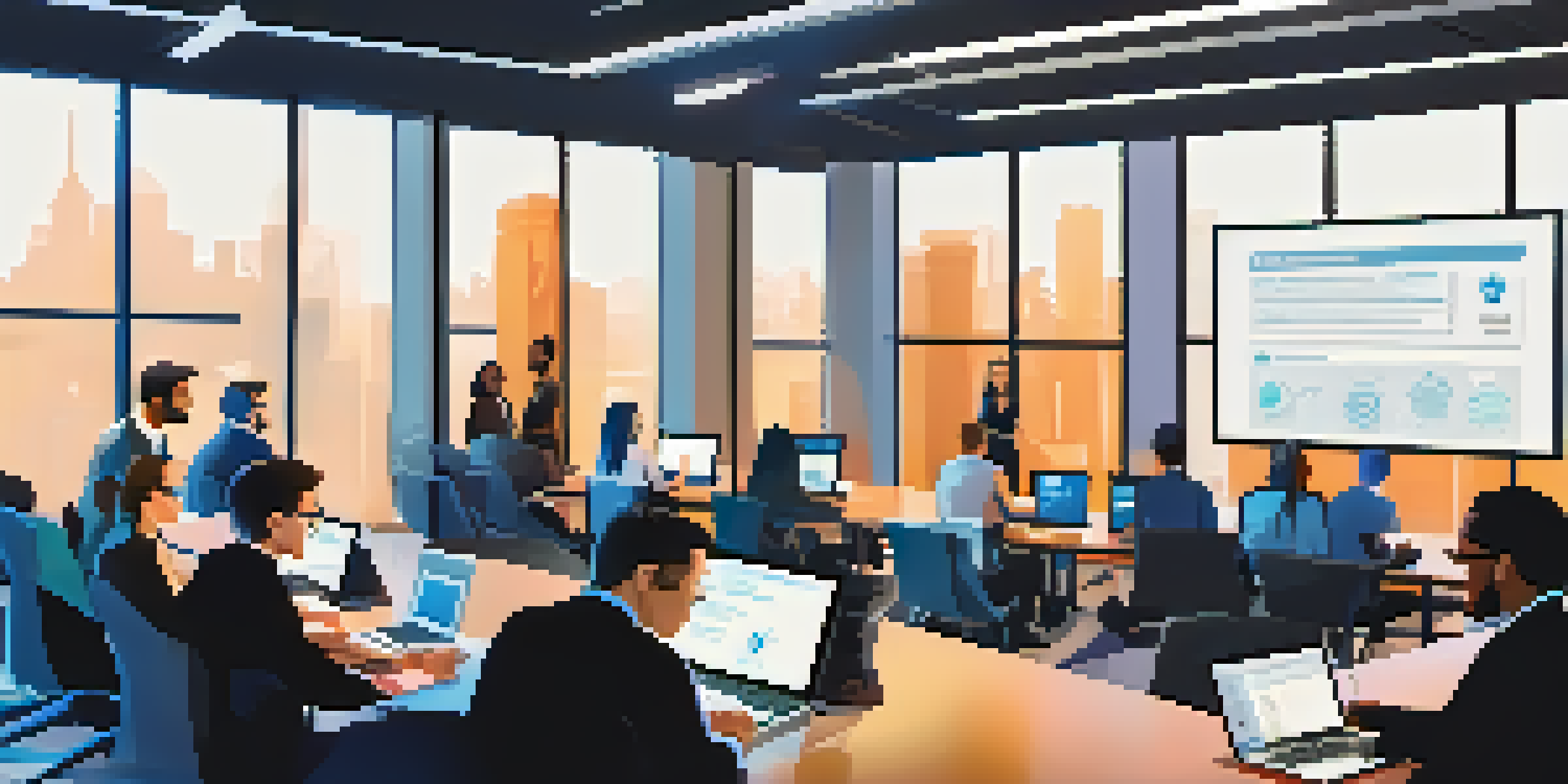 A diverse group of employees in a bright conference room participating in a cybersecurity training session, with laptops and a presentation screen.