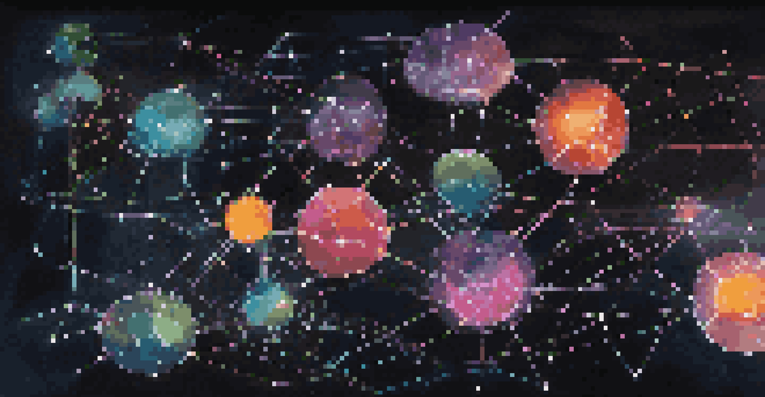 An abstract illustration of microservices architecture with glowing nodes and colorful data flows on a dark background.
