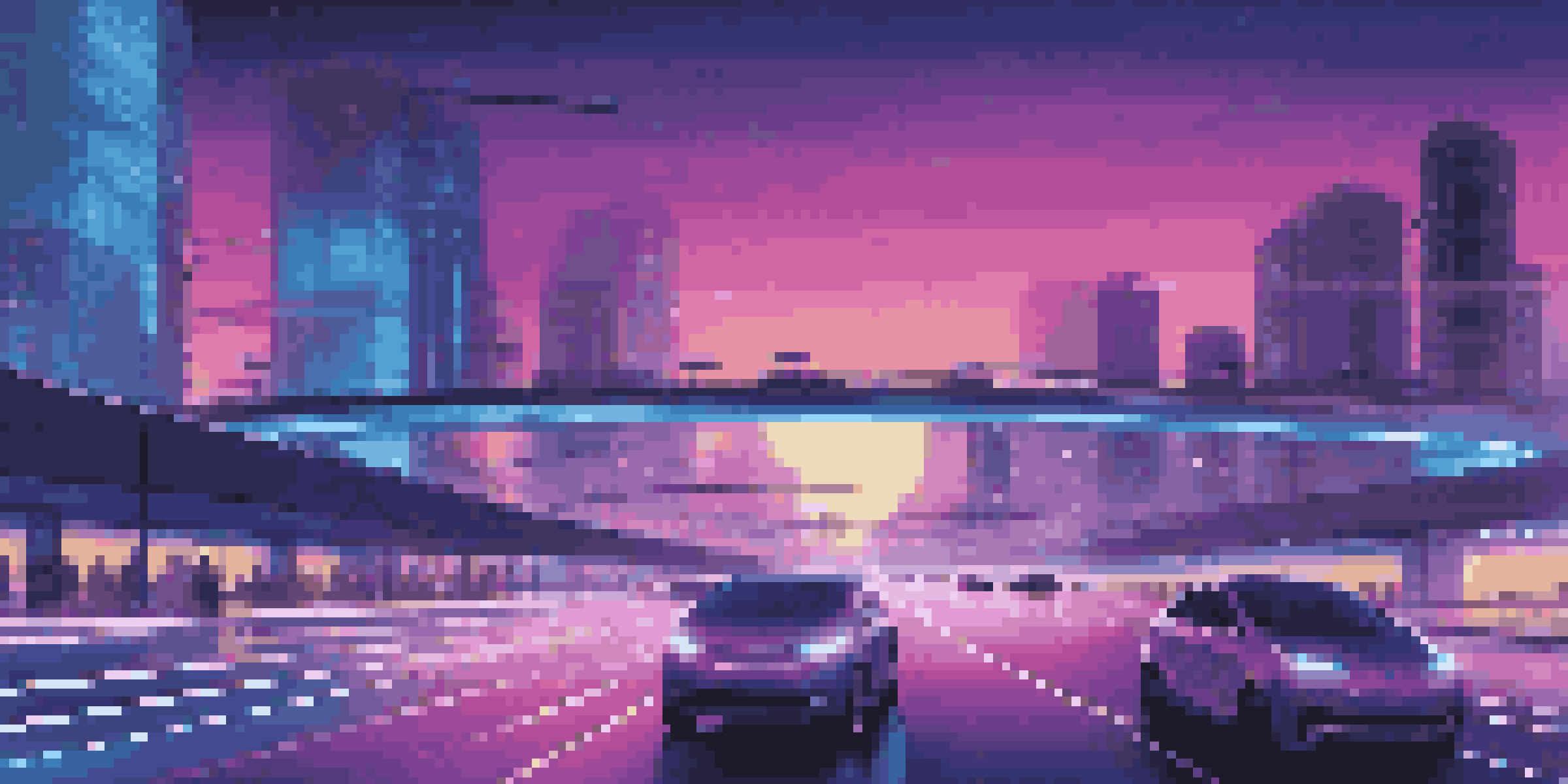 A futuristic smart city at dusk with autonomous vehicles on a road, illuminated streetlights, and a gradient sky.