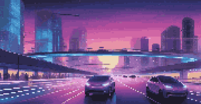 A futuristic smart city at dusk with autonomous vehicles on a road, illuminated streetlights, and a gradient sky.