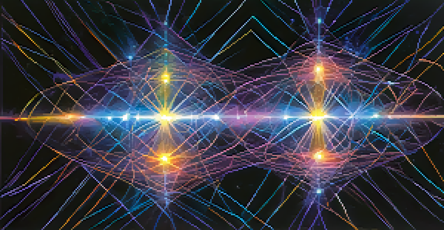 An artistic depiction of quantum entanglement with glowing particles representing qubits connected by light beams in a starry background.