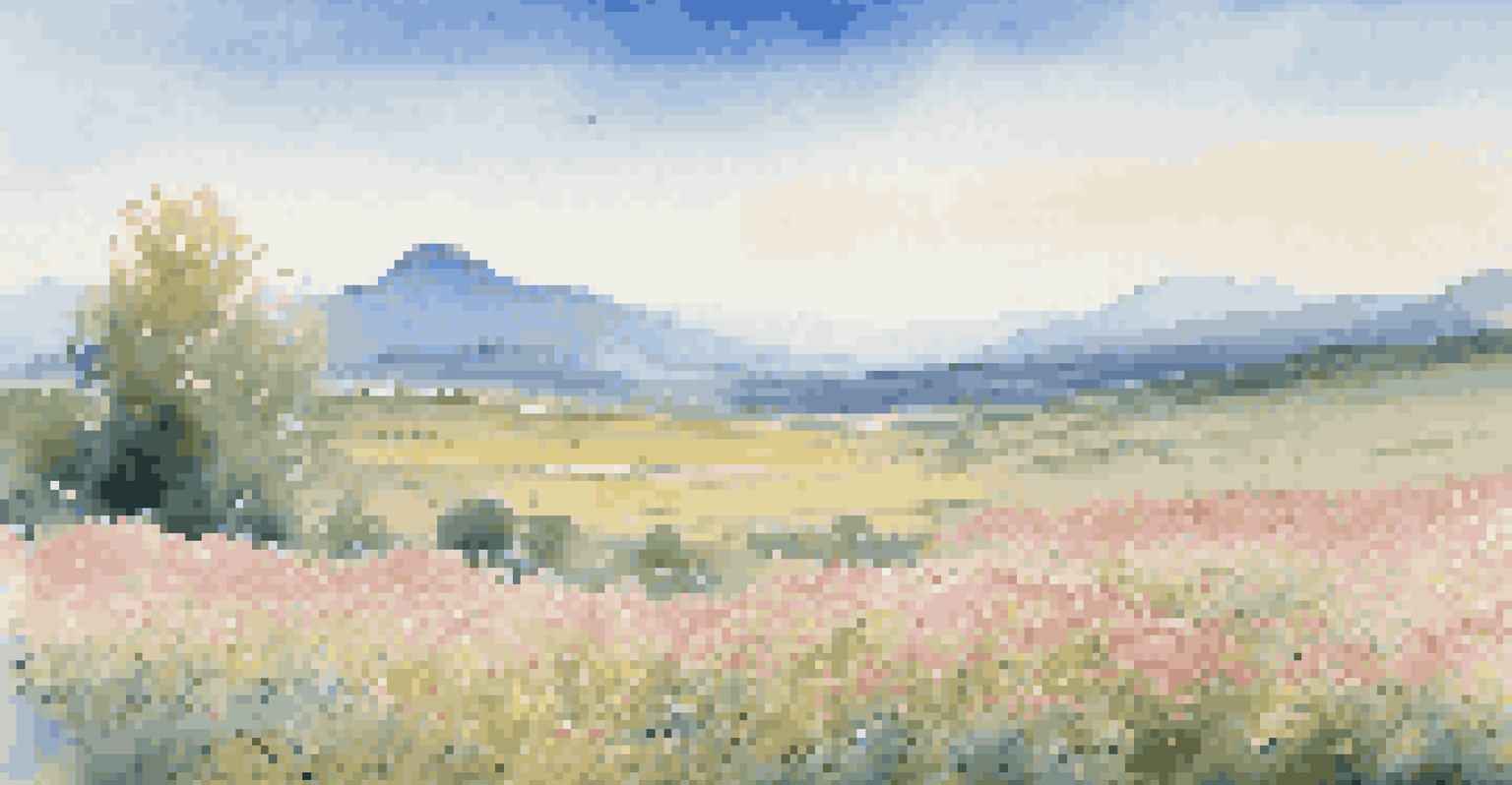 A field of blooming flowers with a wooden signpost and mountains in the distance under a clear blue sky.