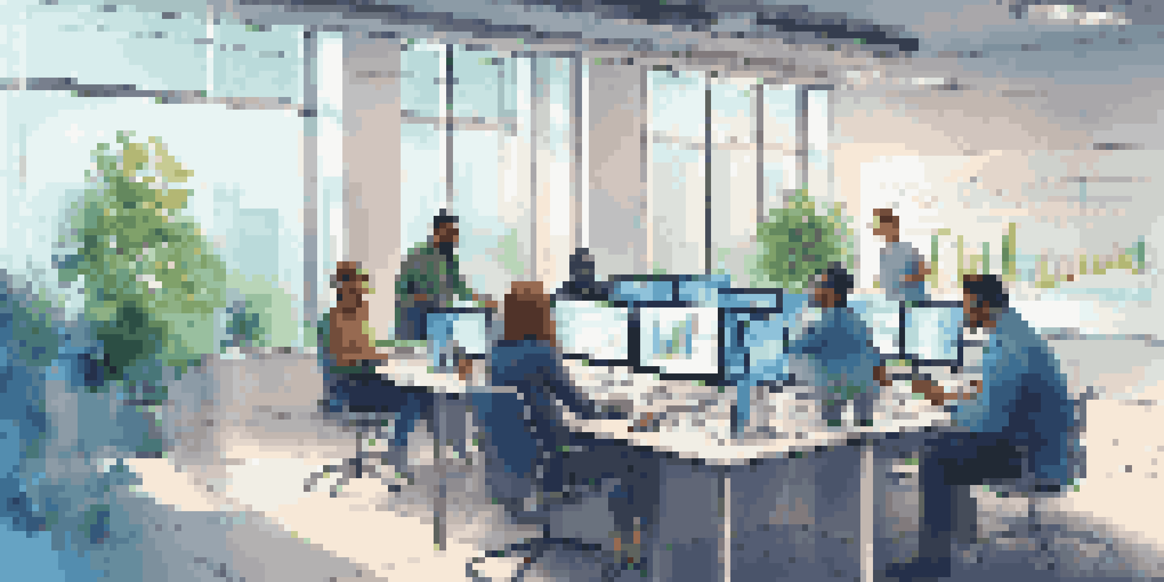 A diverse team of IT professionals in a modern office discussing data analytics displayed on a large screen, surrounded by natural light and greenery.