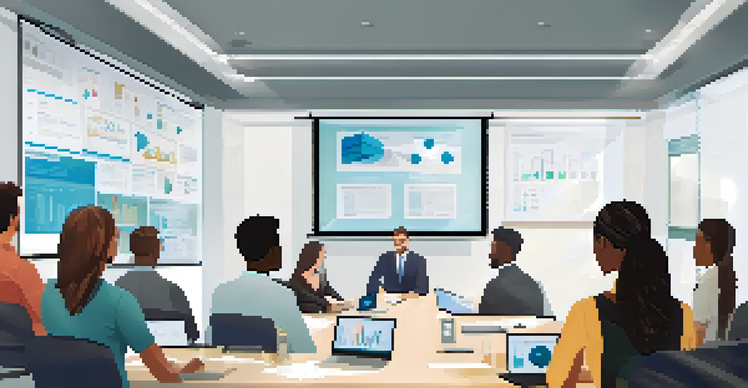 A diverse group of employees in a bright conference room engaged in a data security training session with a projector.