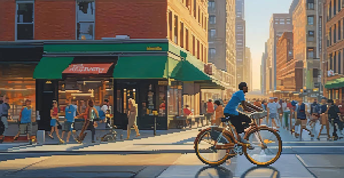 A delivery driver on a bicycle navigating through busy city traffic during sunset.