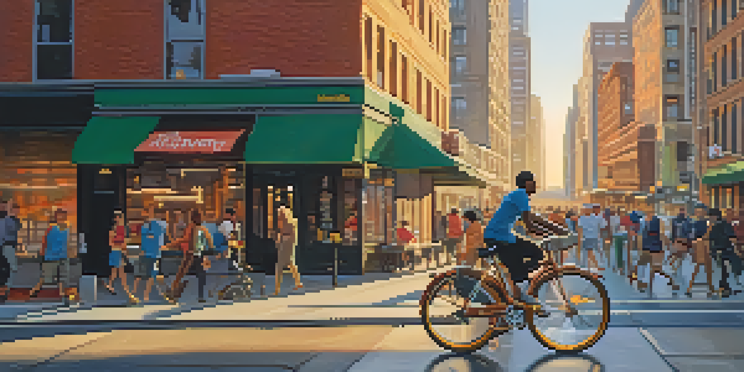 A delivery driver on a bicycle navigating through busy city traffic during sunset.