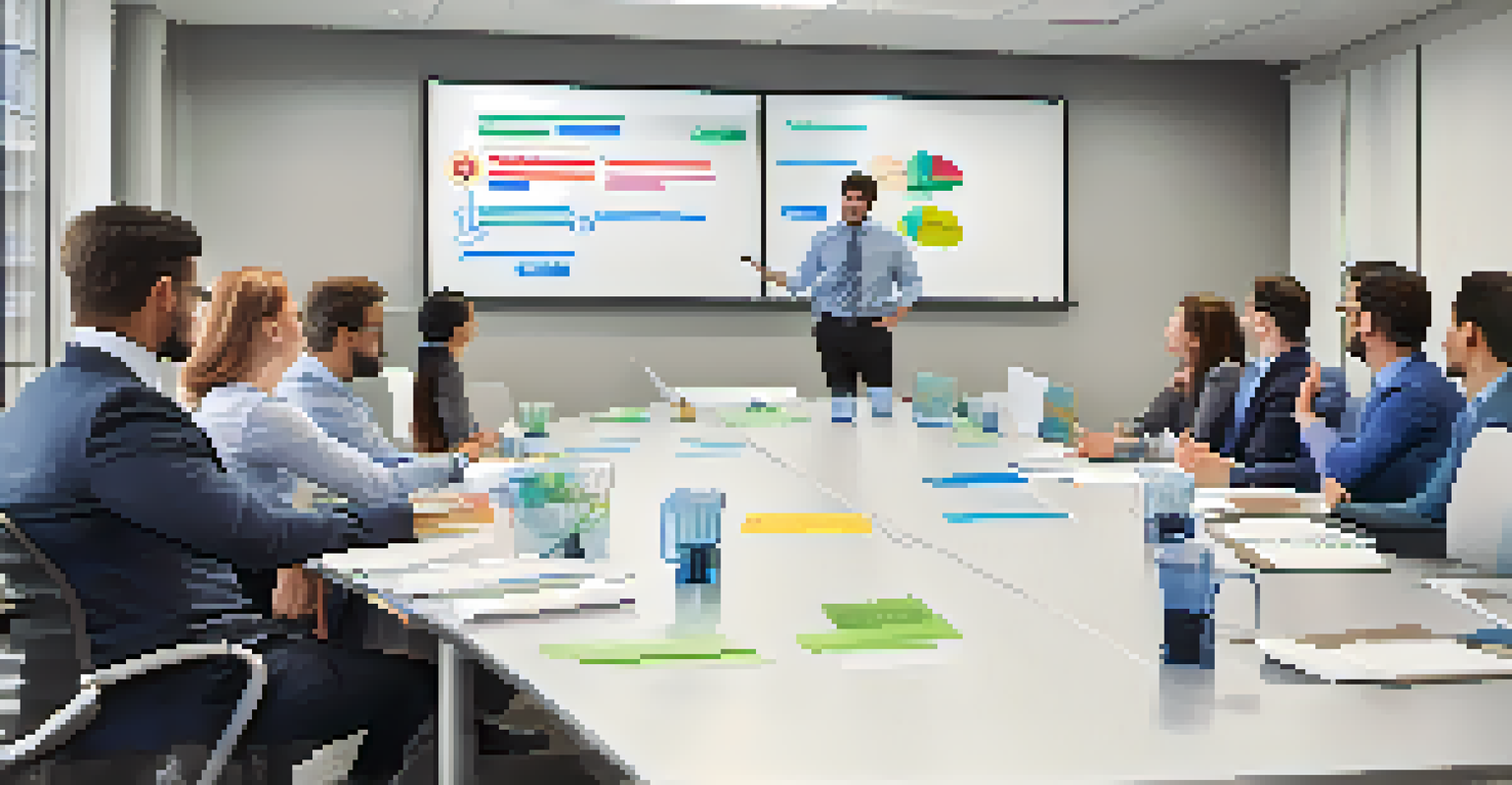A team meeting in a conference room discussing KPIs for supply chain improvement, with a whiteboard and projector displaying performance metrics.