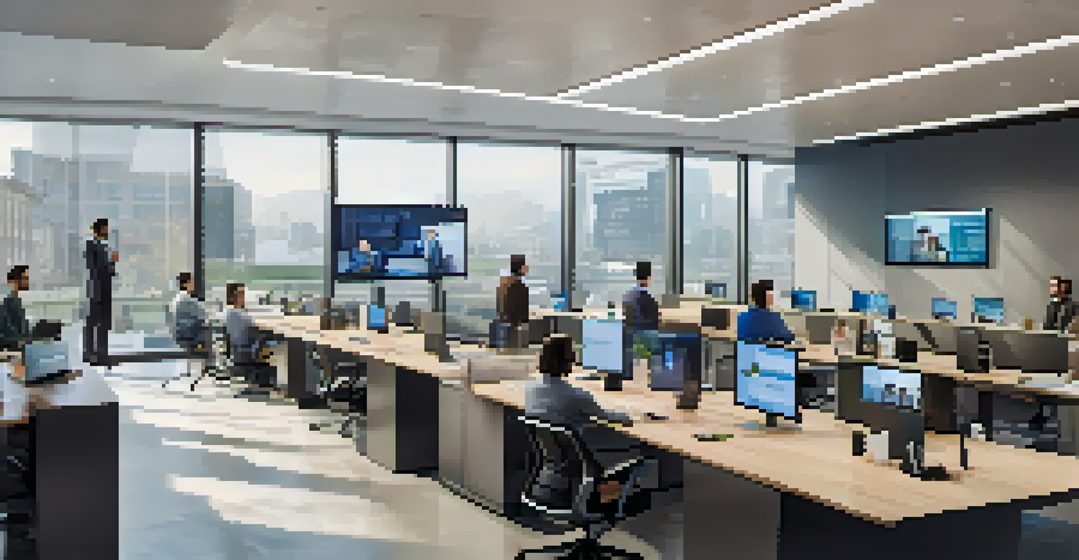 An office with employees in a video conference, surrounded by modern tech and large data displays, illuminated by natural light.